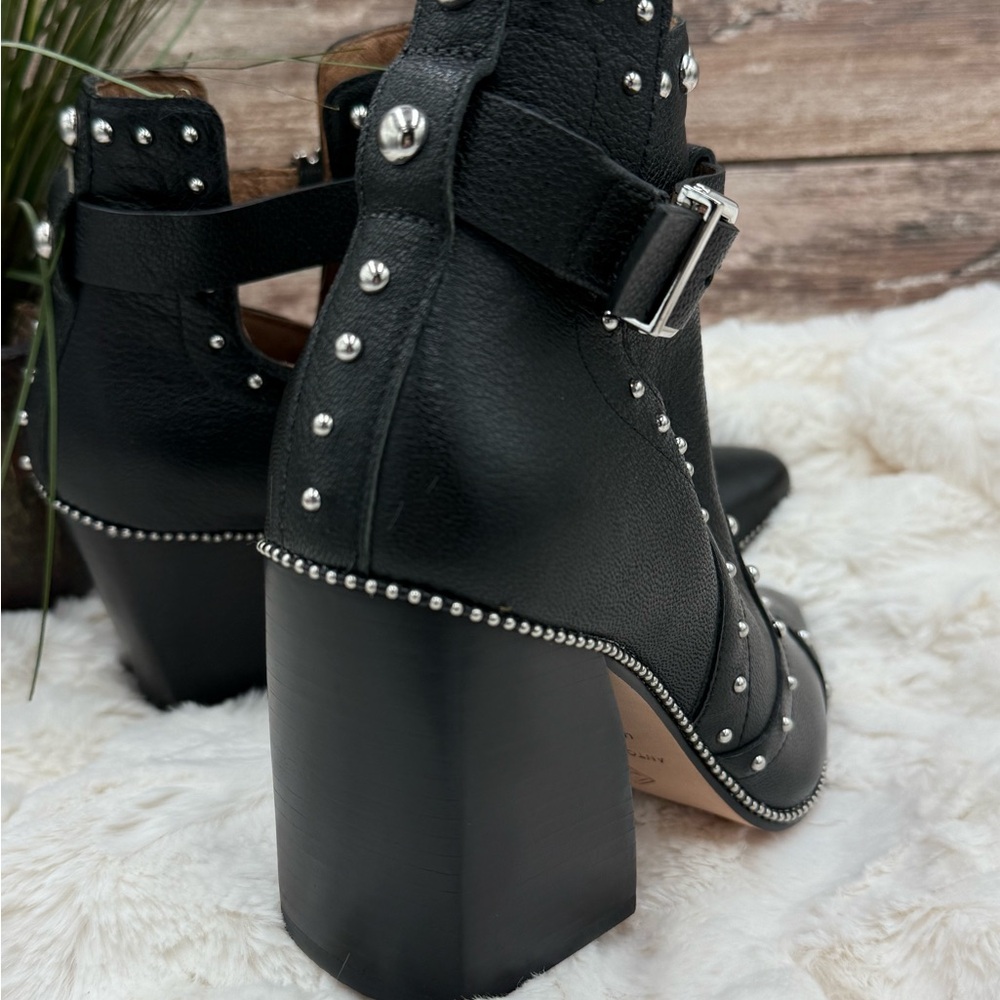 Antonio Melani Black Leather Block Heel Studded Ankle Boots with Buckle closure - Picture 8 of 16